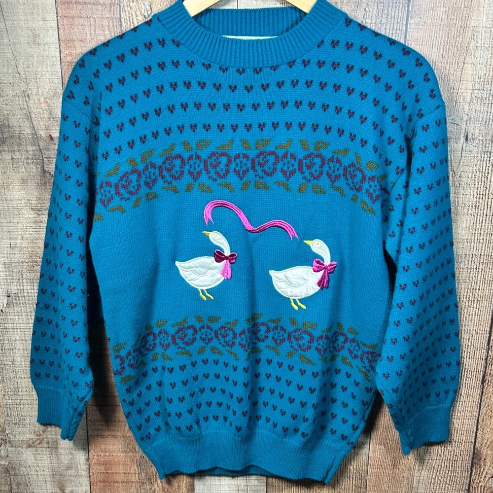 Vintage 80s Kate Collins Goose Duck Sweater Teal Grandmacore Novelty Knit Bows